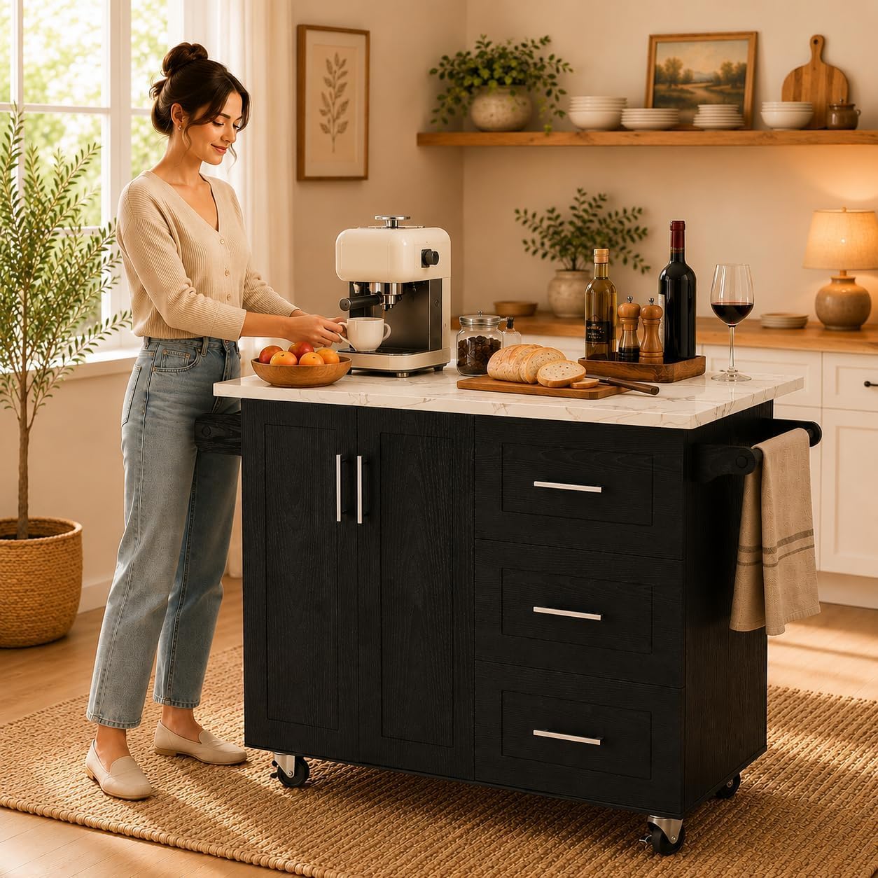 Black Rolling Marble Kitchen Island Cart