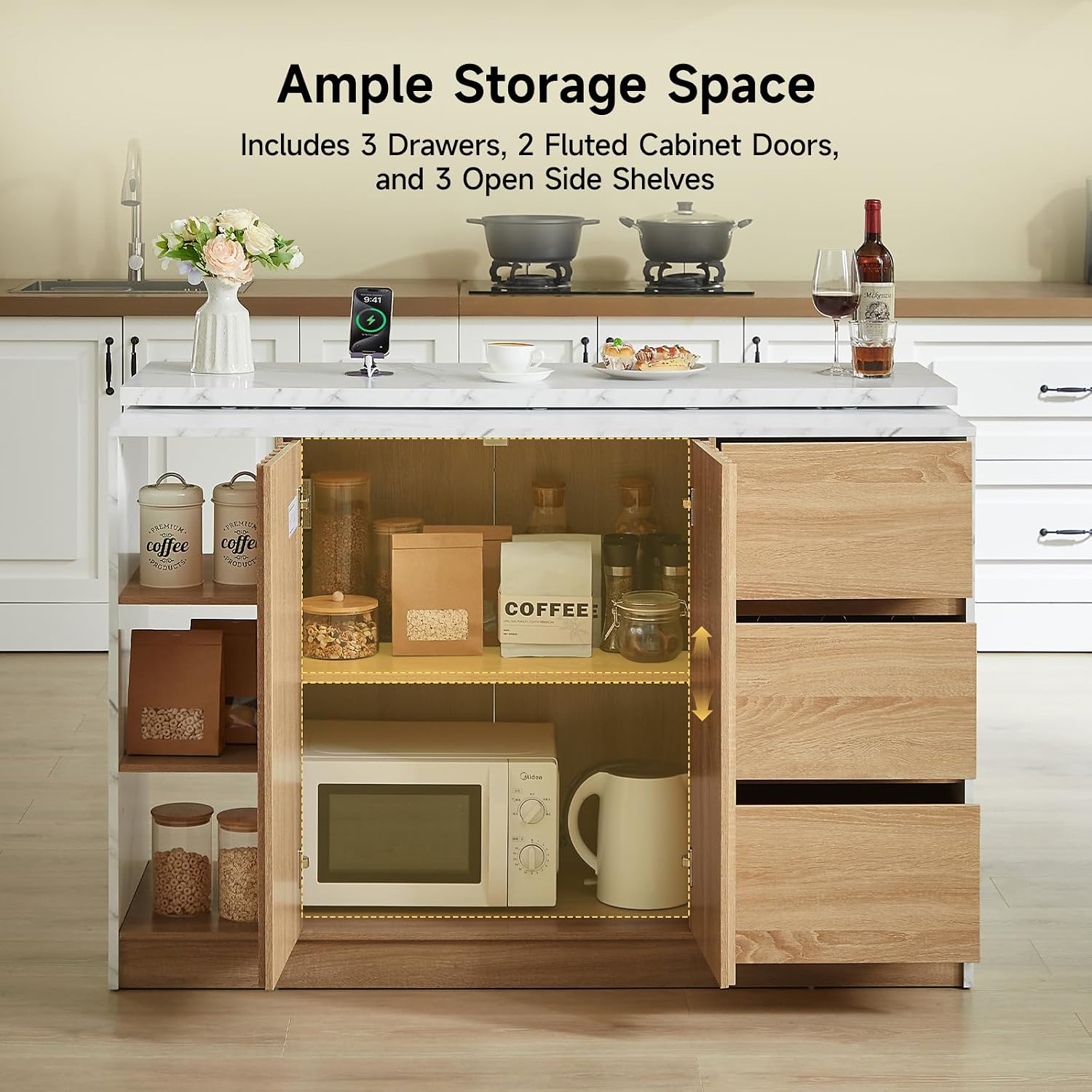 White Extendable Storage Kitchen Island