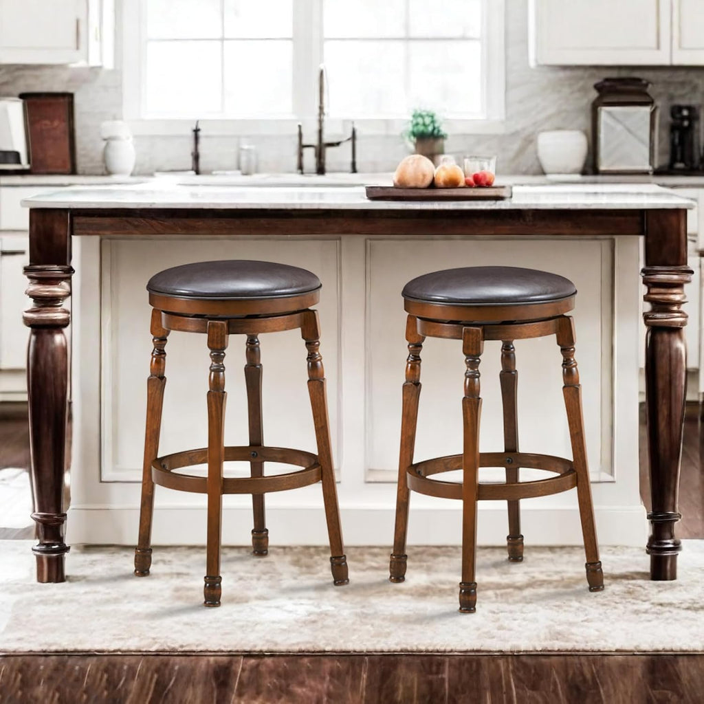 2 Brown Rubber Wood Swivel Bar Stools