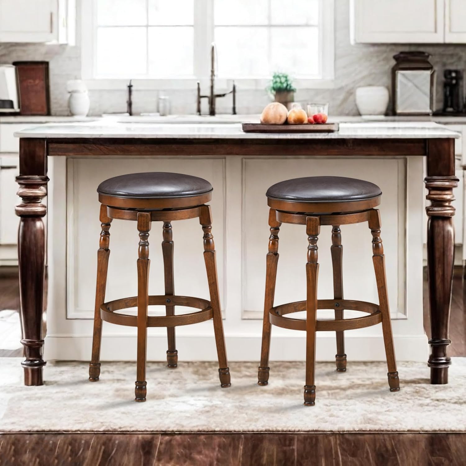 2 Brown Rubber Wood Swivel Bar Stools