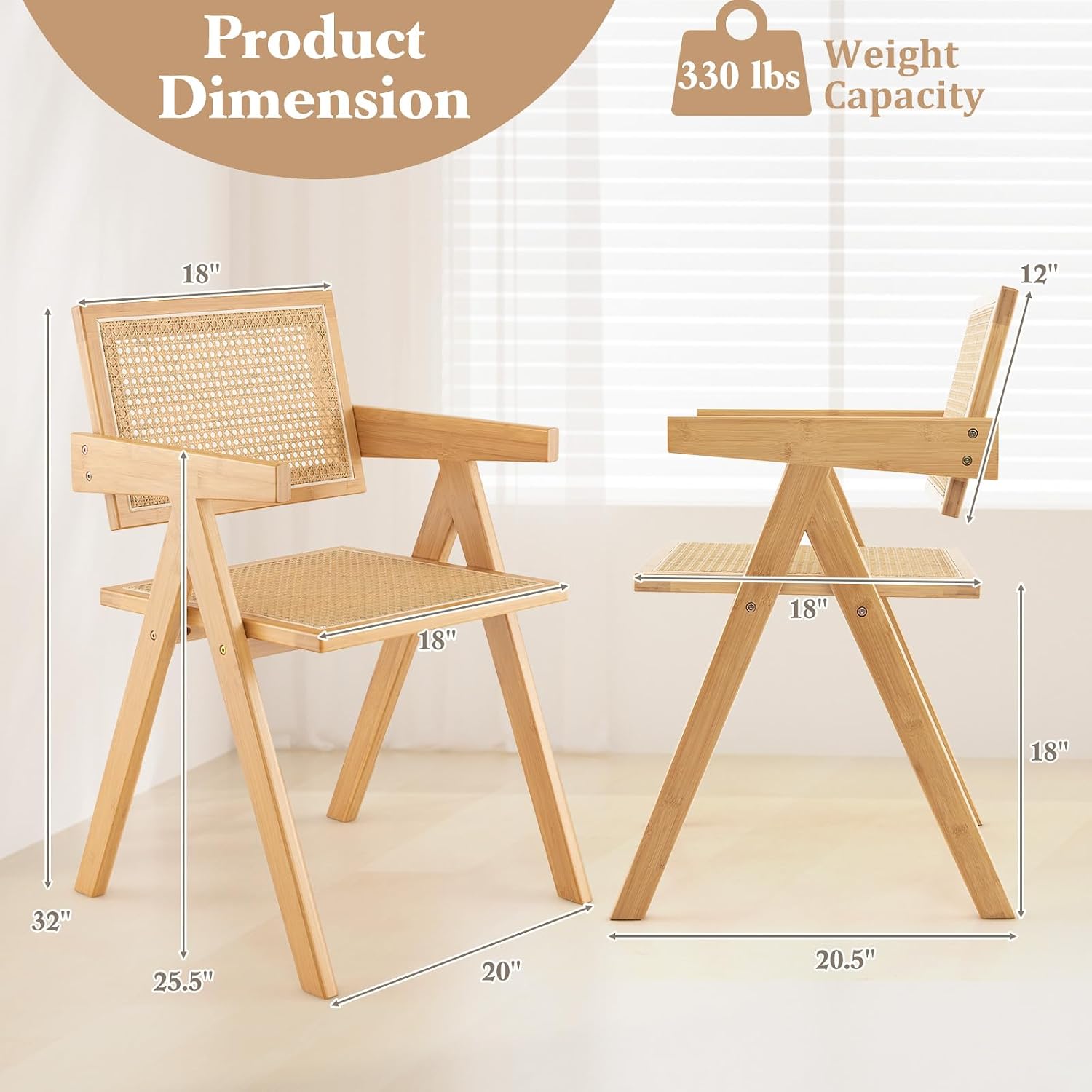 Natural Boho Cane Rattan Dining Chairs Set of 4