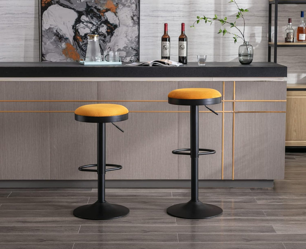 2 Yellow Corduroy Adjustable Swivel Bar Stools