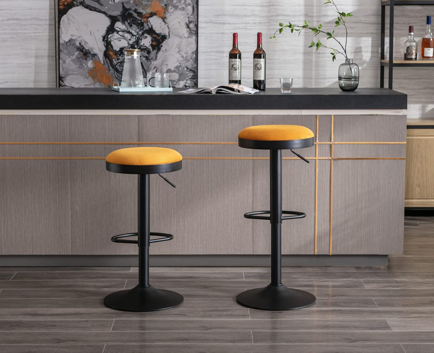 2 Yellow Corduroy Adjustable Swivel Bar Stools