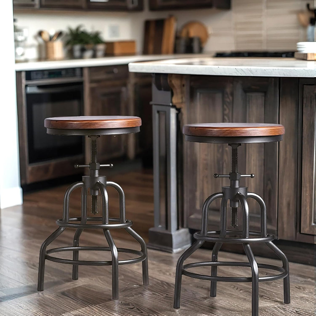 2 Industrial Wood Metal Adjustable Swivel Bar Stools