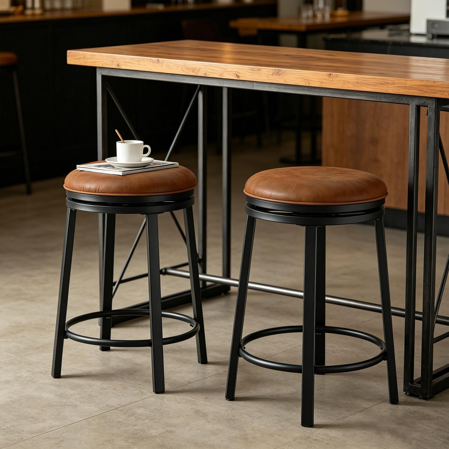 4 Brown Leather Swivel Counter Stools