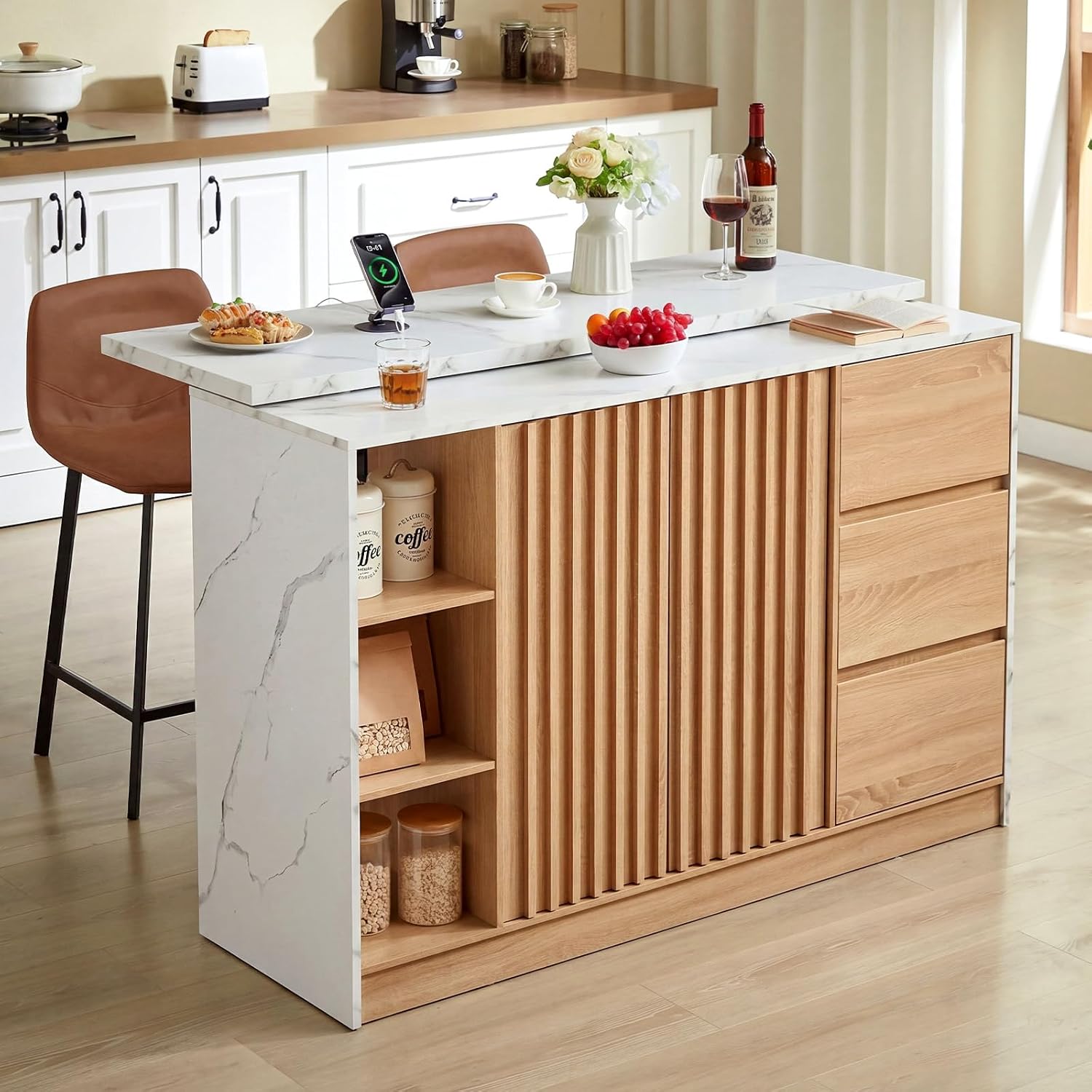 White Extendable Storage Kitchen Island