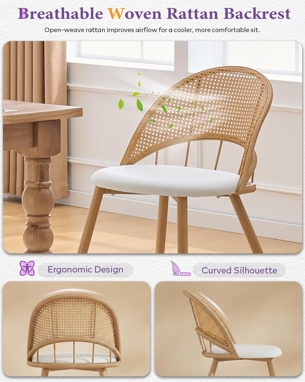 White Faux Leather Rattan Dining Chairs Set of 4