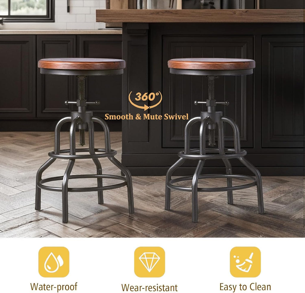 2 Industrial Wood Metal Adjustable Swivel Bar Stools