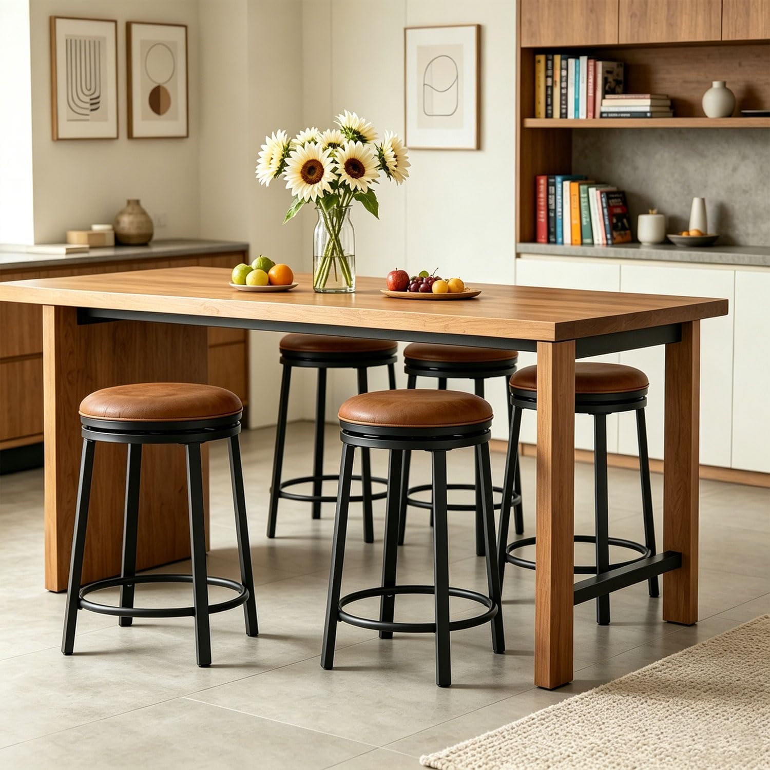 4 Brown Leather Swivel Counter Stools