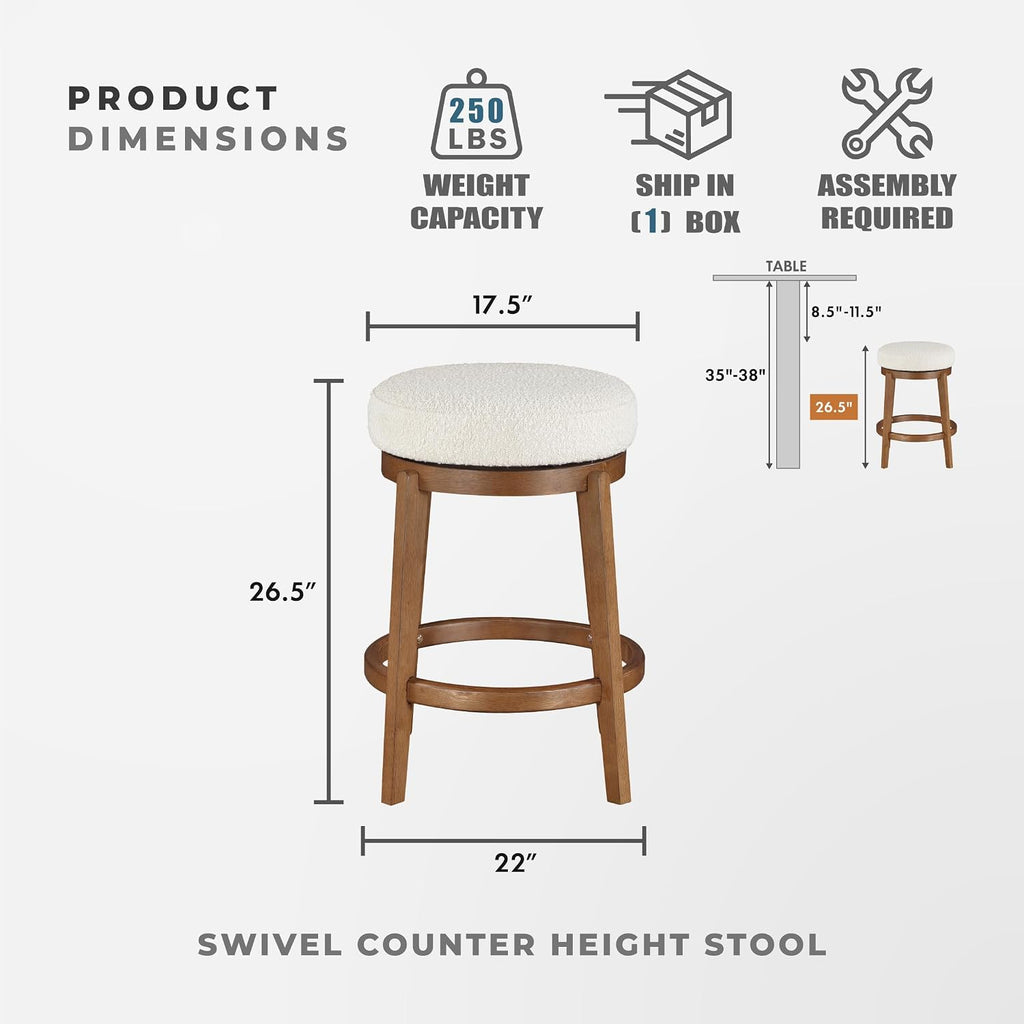 Cream Boucle Wood Swivel Counter Stool