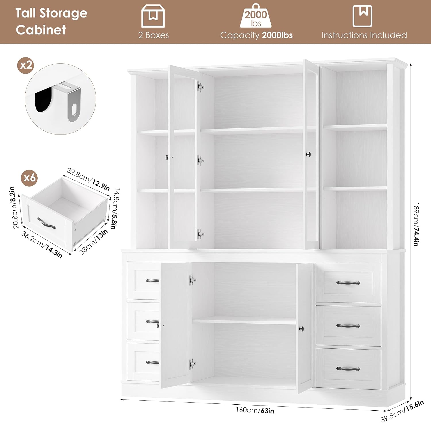 White Large Glass Pantry Cabinet