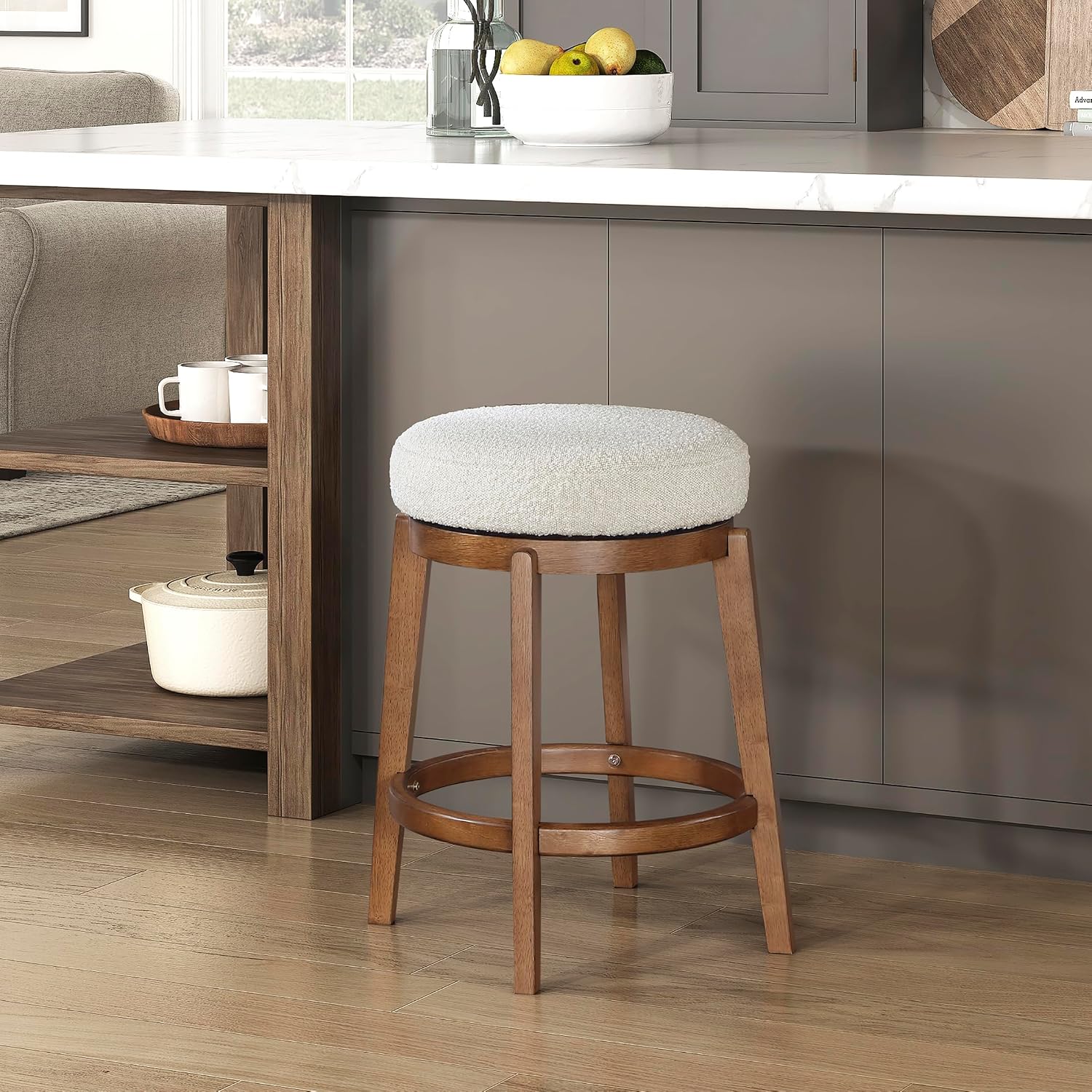 Cream Boucle Wood Swivel Counter Stool
