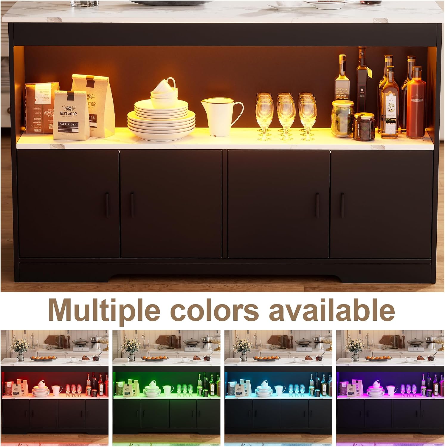 Black LED Marble Storage Kitchen Island