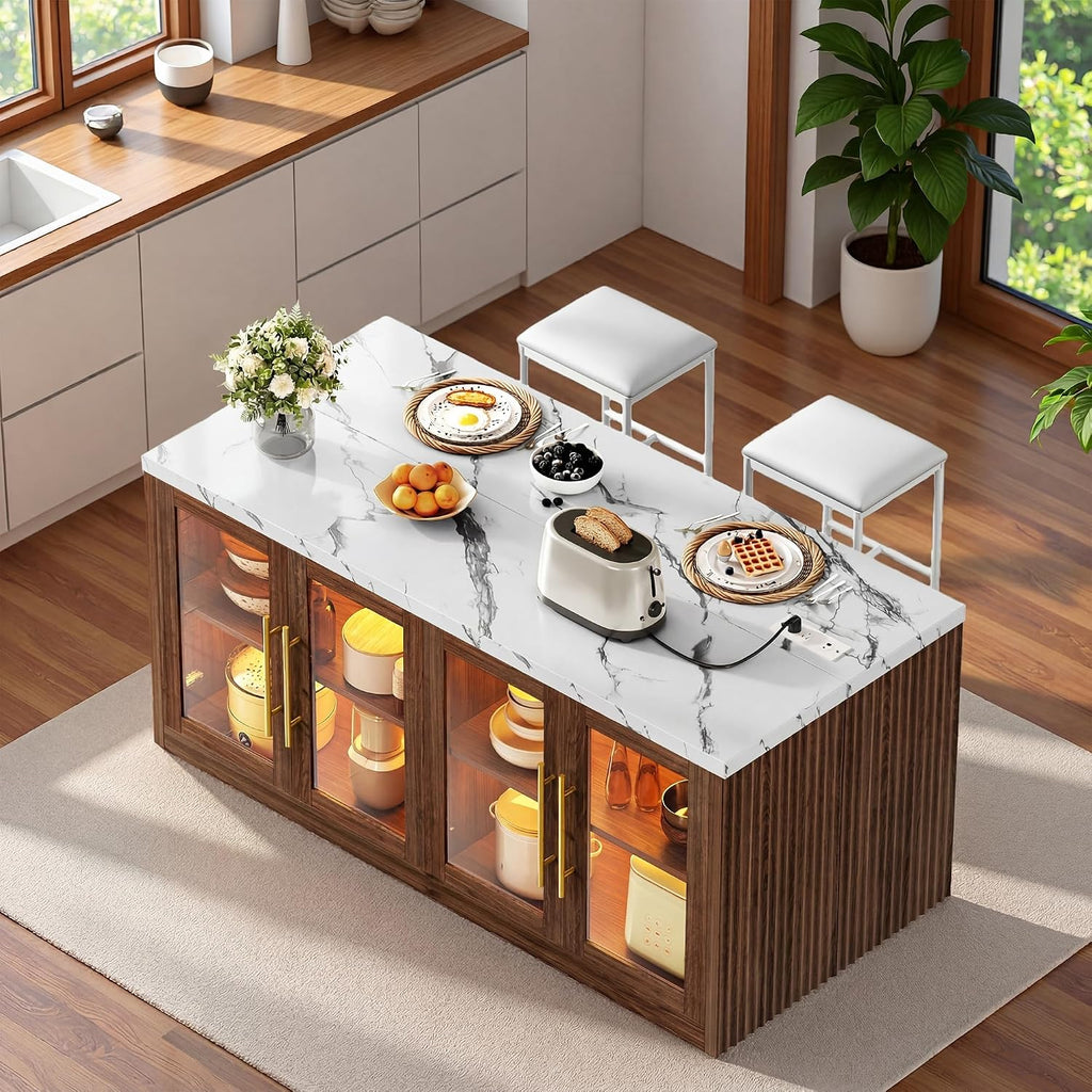 Walnut LED Marble Rolling Kitchen Island