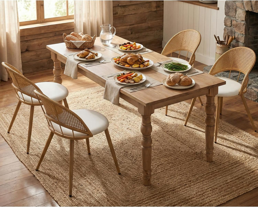 White Faux Leather Rattan Dining Chairs Set of 4