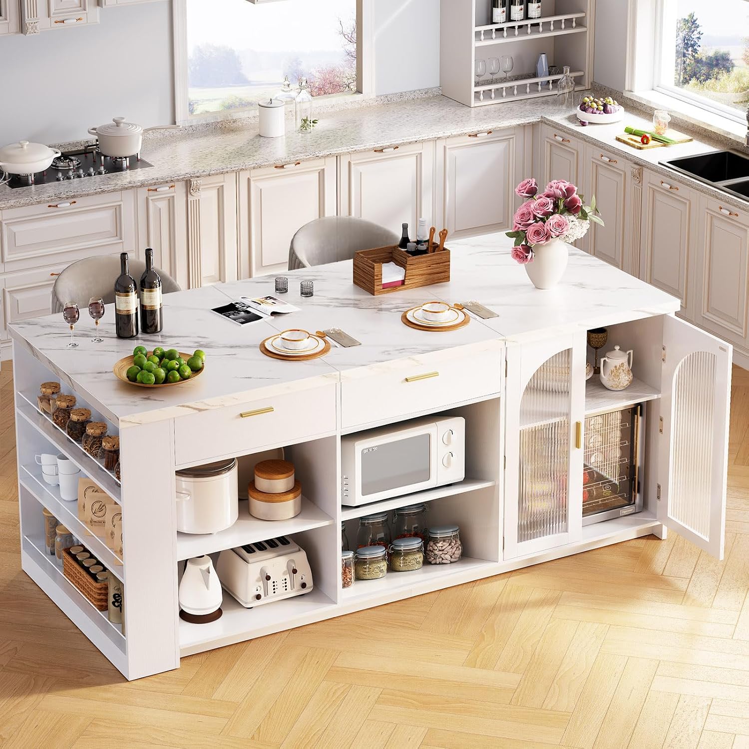 White Marble Storage Kitchen Island Table
