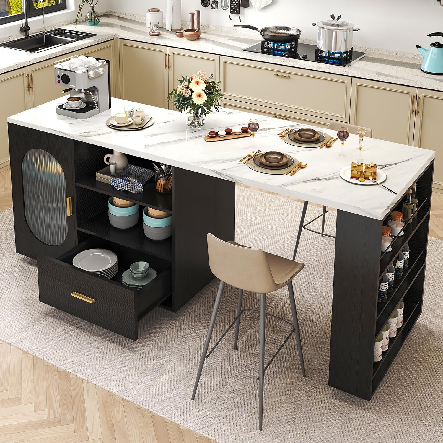 Mobile White Marble Storage Kitchen Island