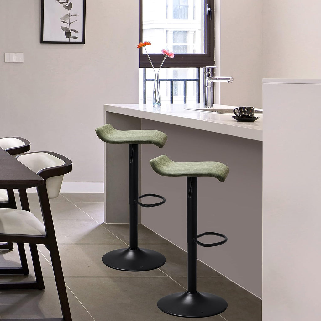2 Retro Green Leather Adjustable Swivel Bar Stools
