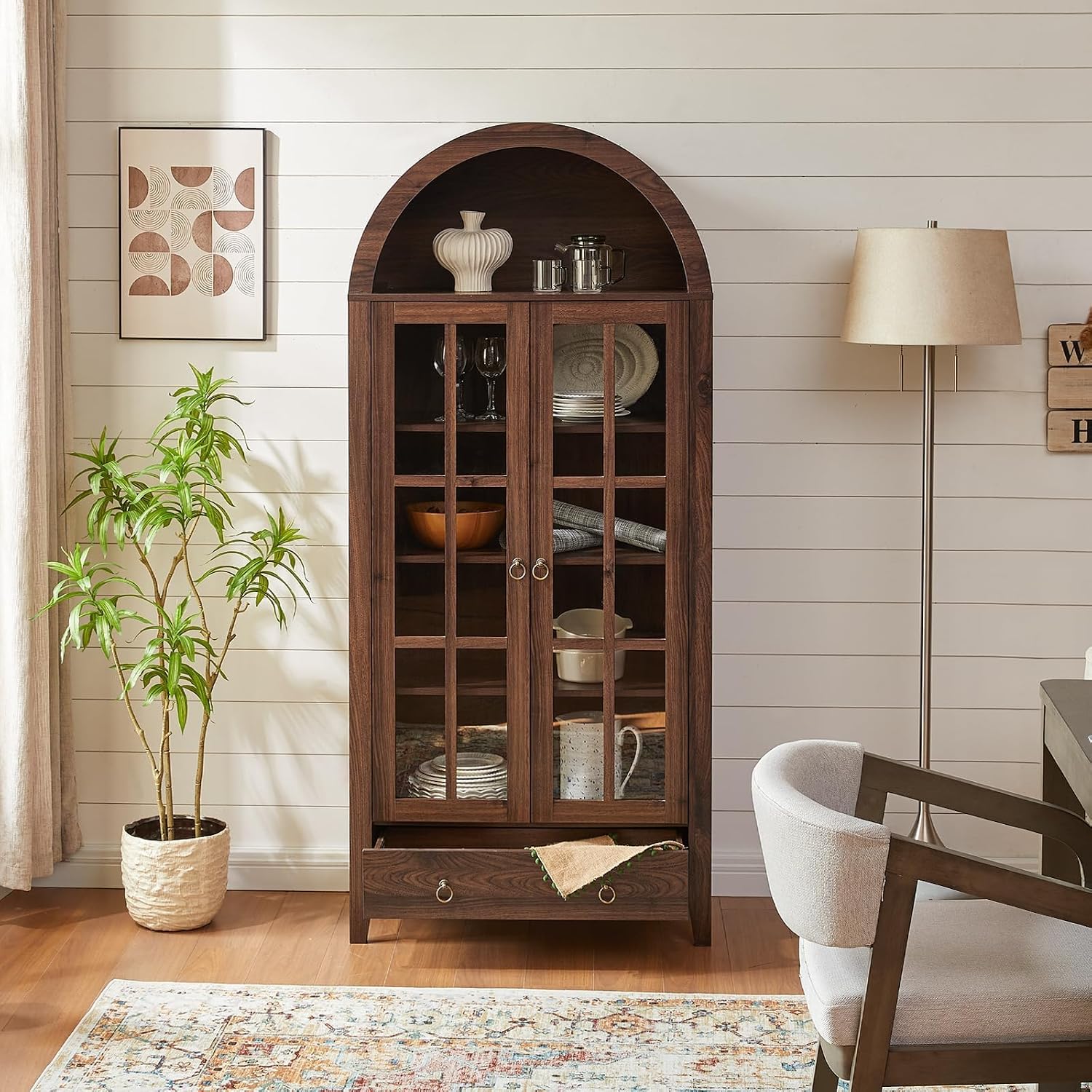 Walnut Farmhouse Arched Display Cabinet