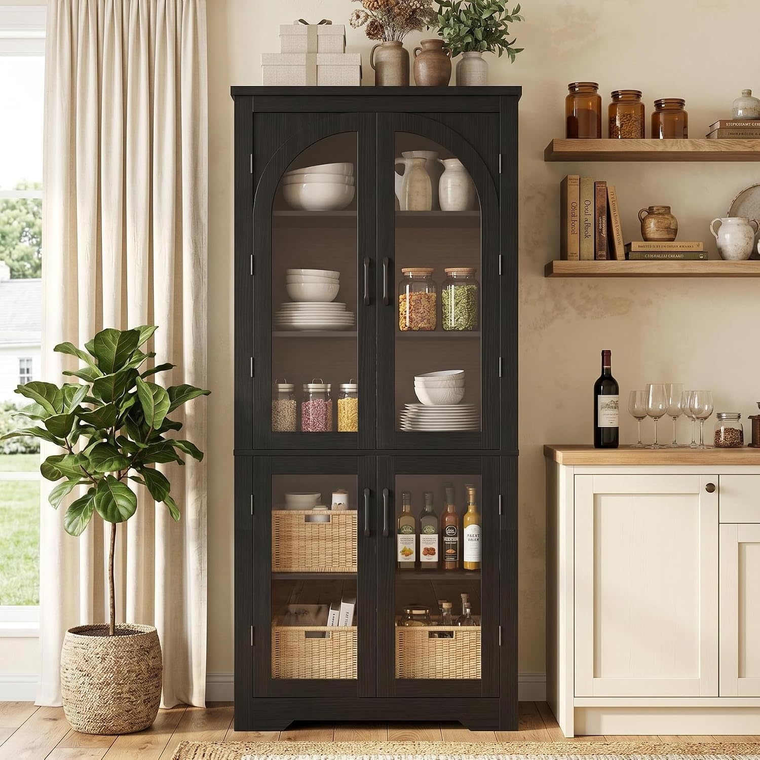 Black Arched Glass Tall Pantry Cabinet