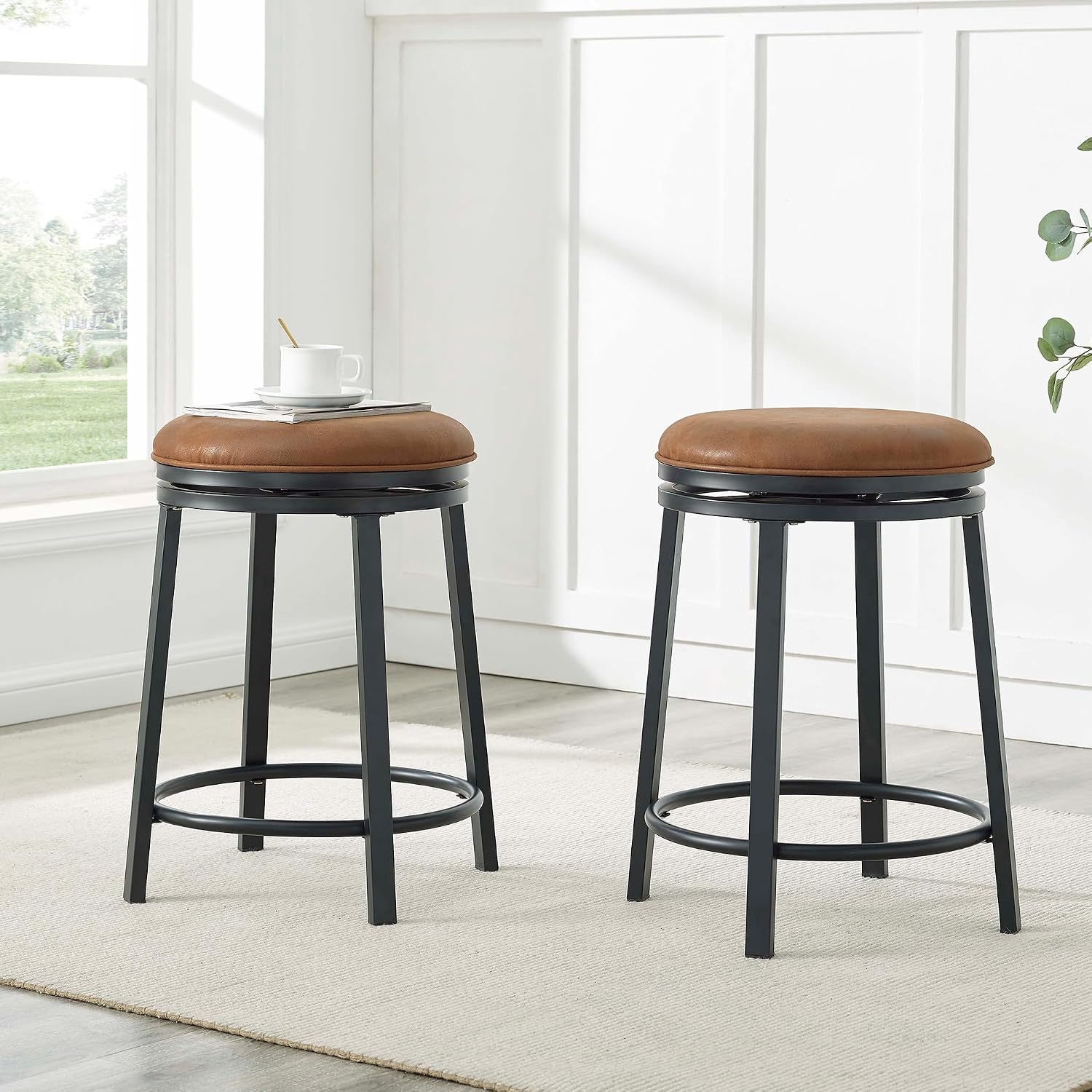 4 Brown Leather Swivel Counter Stools