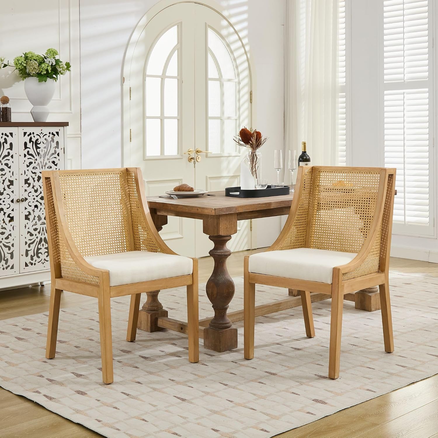 Beige Rattan Mid-Century Dining Chairs
