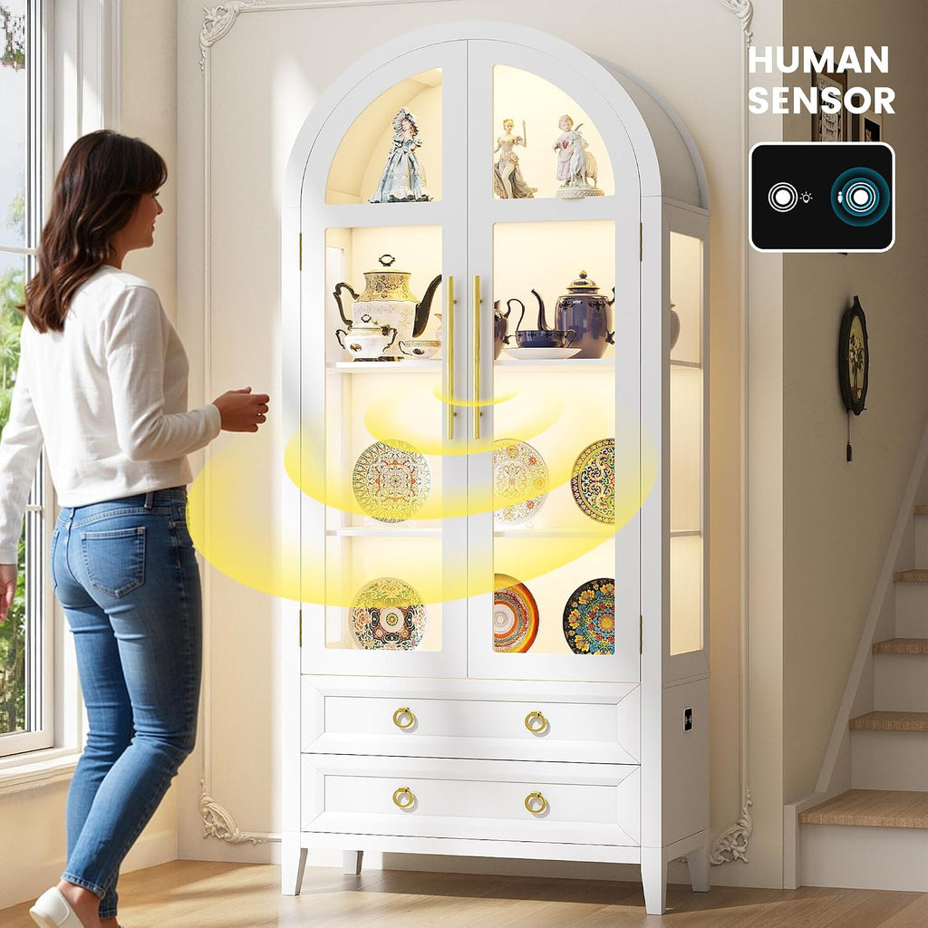 White Sensor LED Arched Display Cabinet