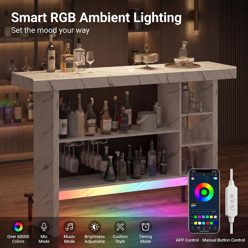 62" LED Marble Bar Table with Storage Cabinet