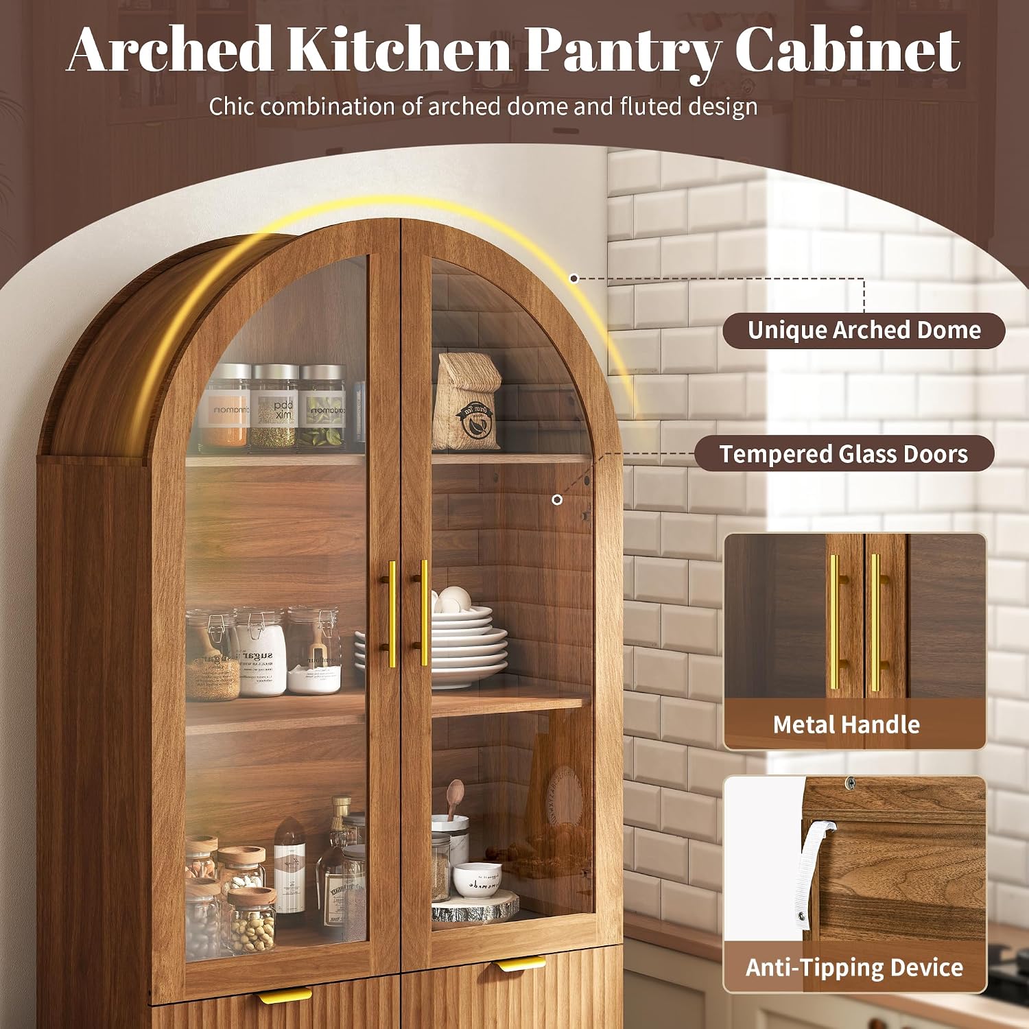 Walnut Fluted Arched Tall Cabinet