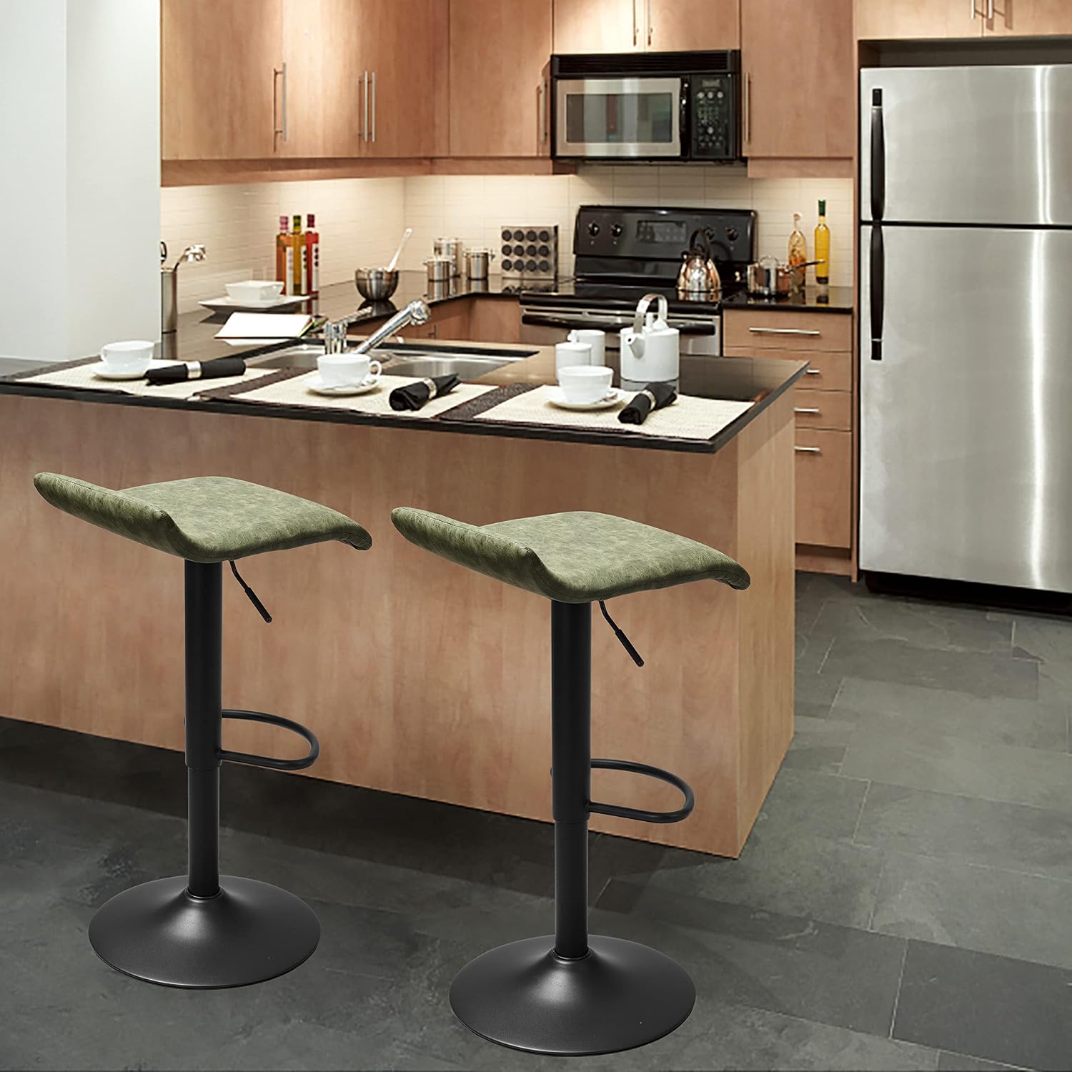 2 Retro Green Leather Adjustable Swivel Bar Stools