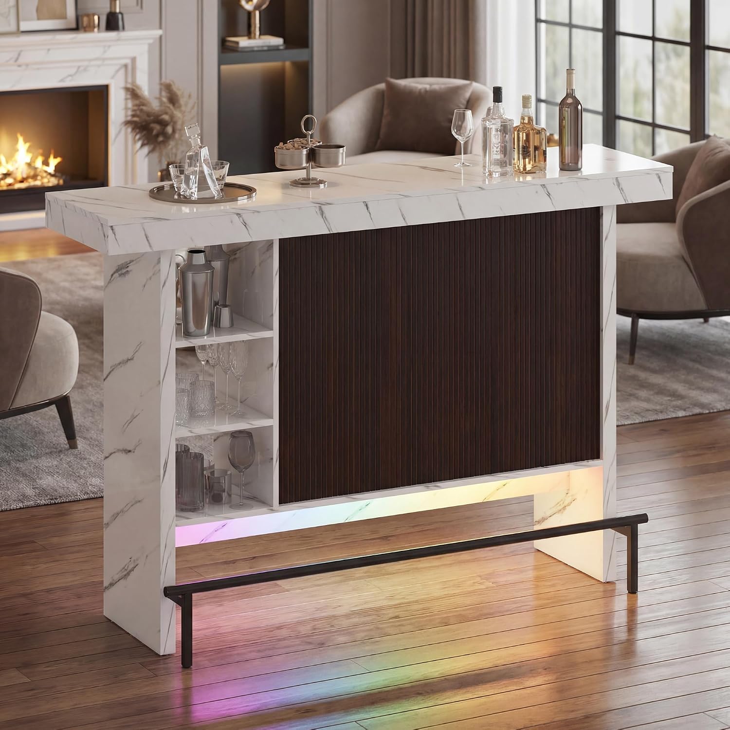 62" LED Marble Bar Table with Storage Cabinet