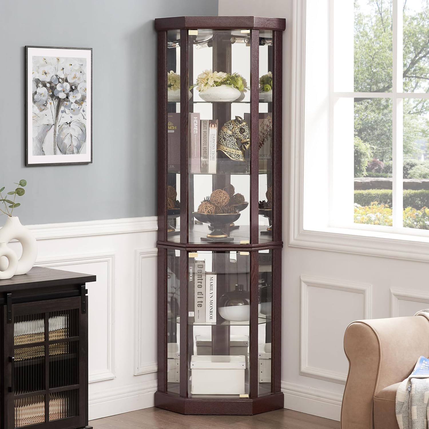 Dark Cherry Lighted Corner Display Cabinet