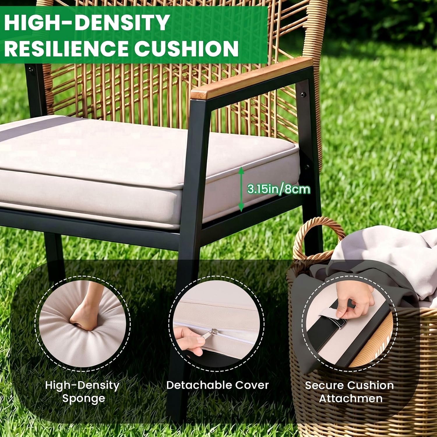 Beige Wide Rattan Patio Armchairs Set of 2