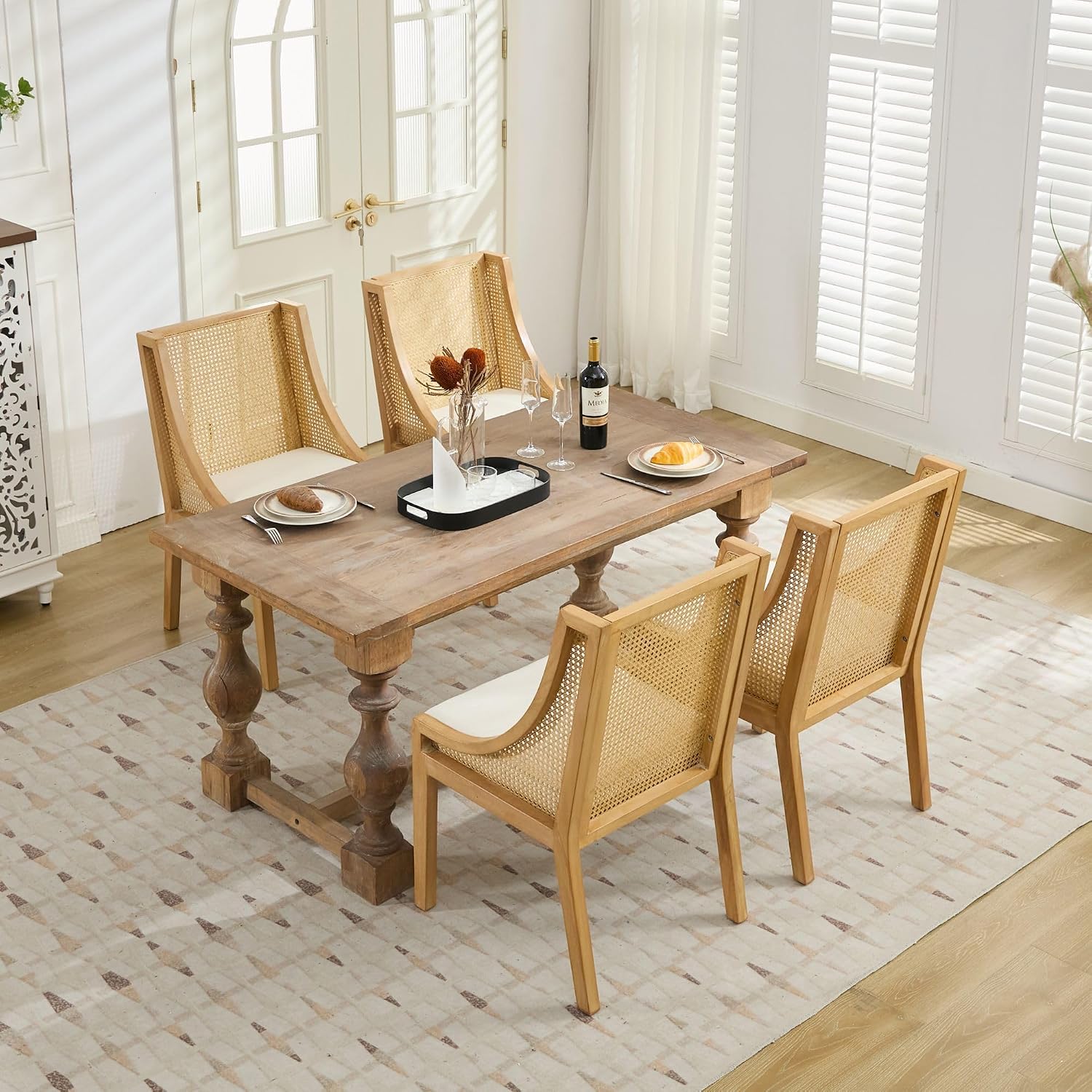 Beige Rattan Mid-Century Dining Chairs