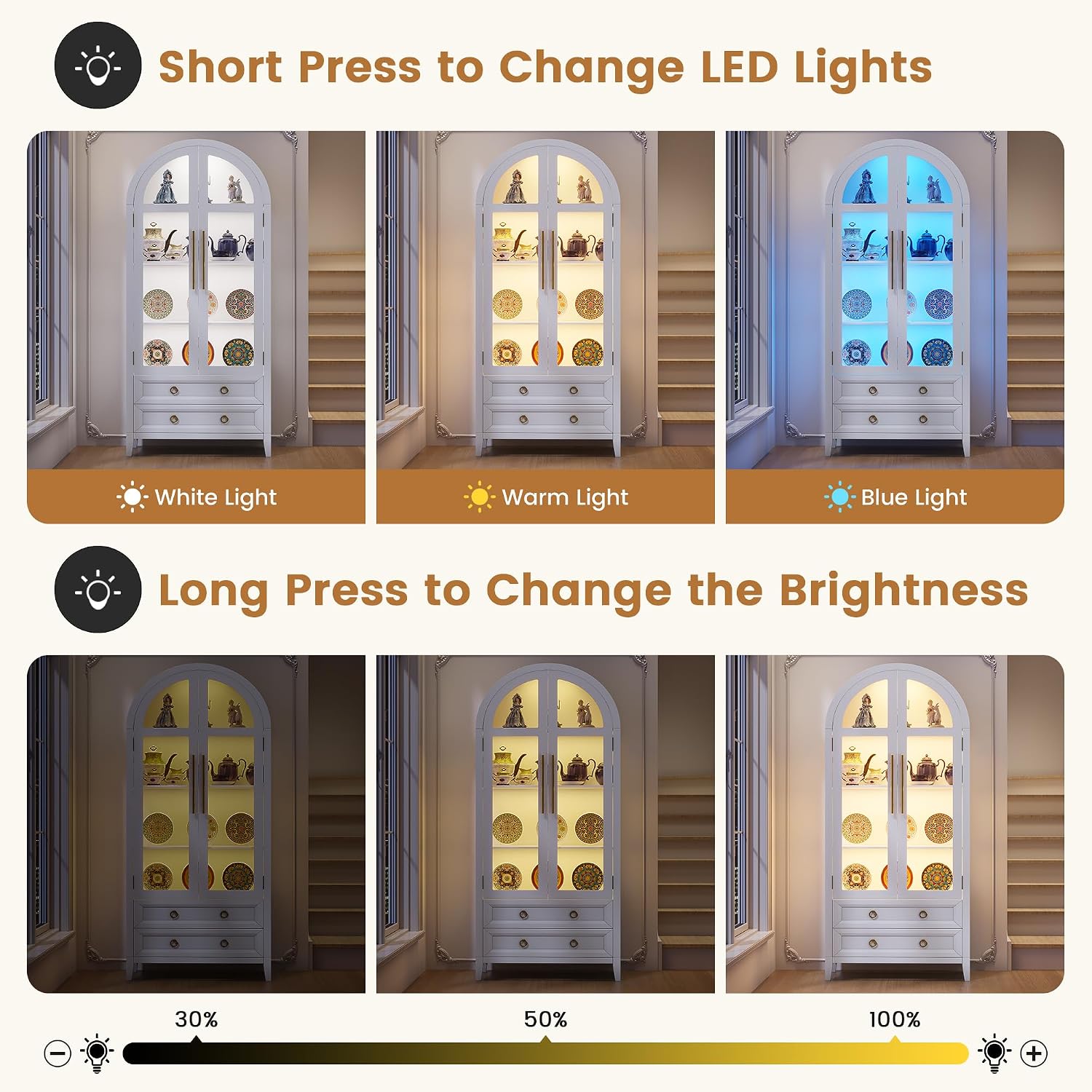White Sensor LED Arched Display Cabinet