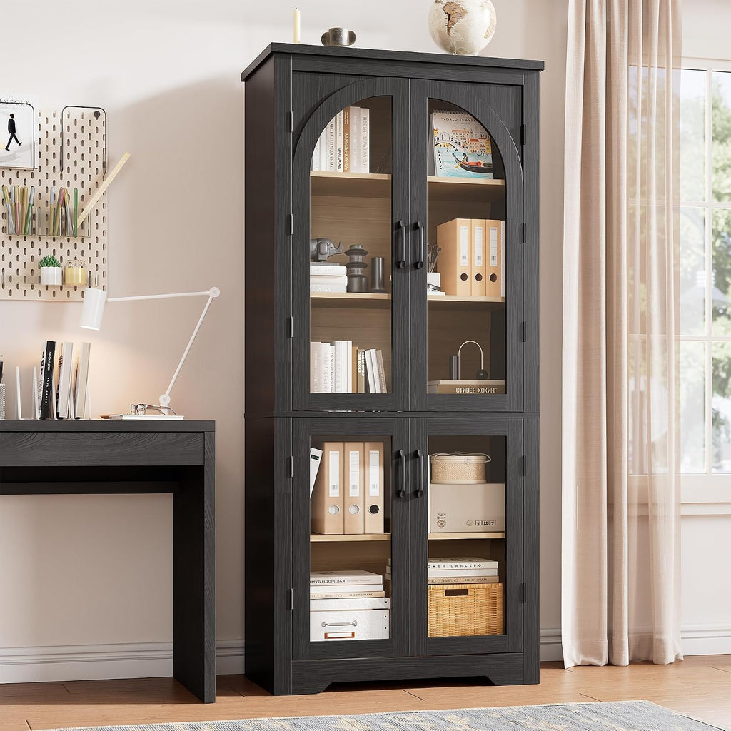 Black Arched Glass Tall Pantry Cabinet