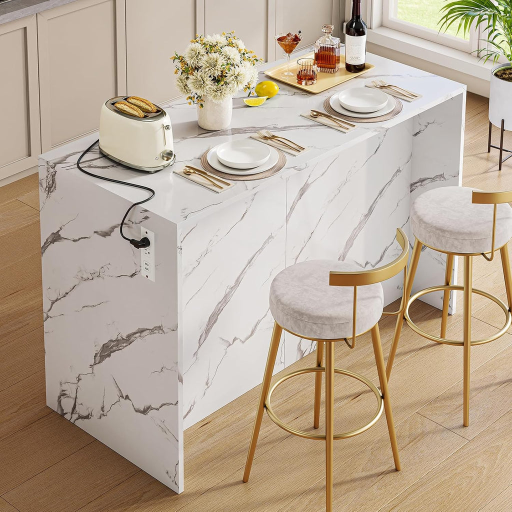 White Marble Kitchen Island with Power Outlet