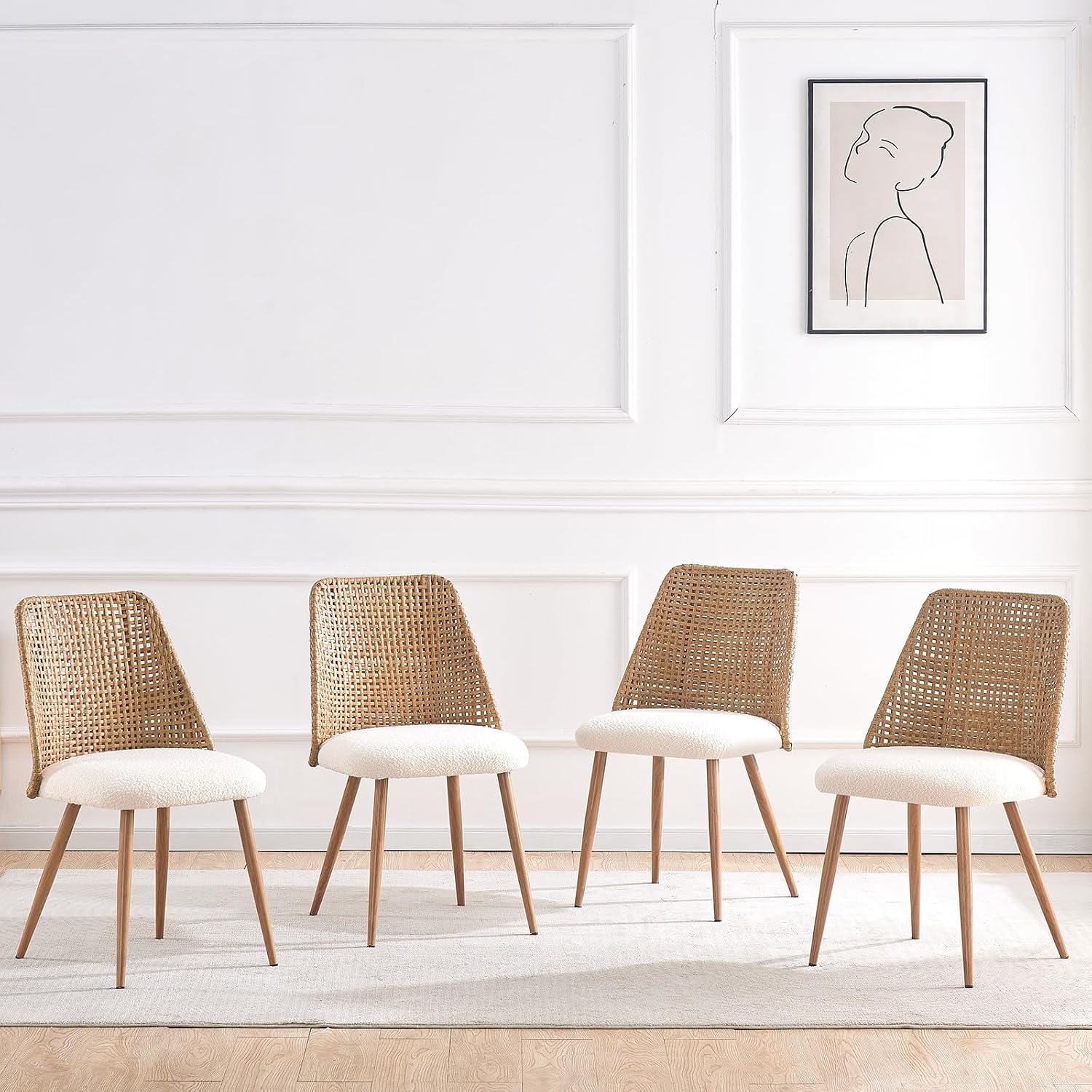4 Pack Boucle Cane Rattan Dining Chairs