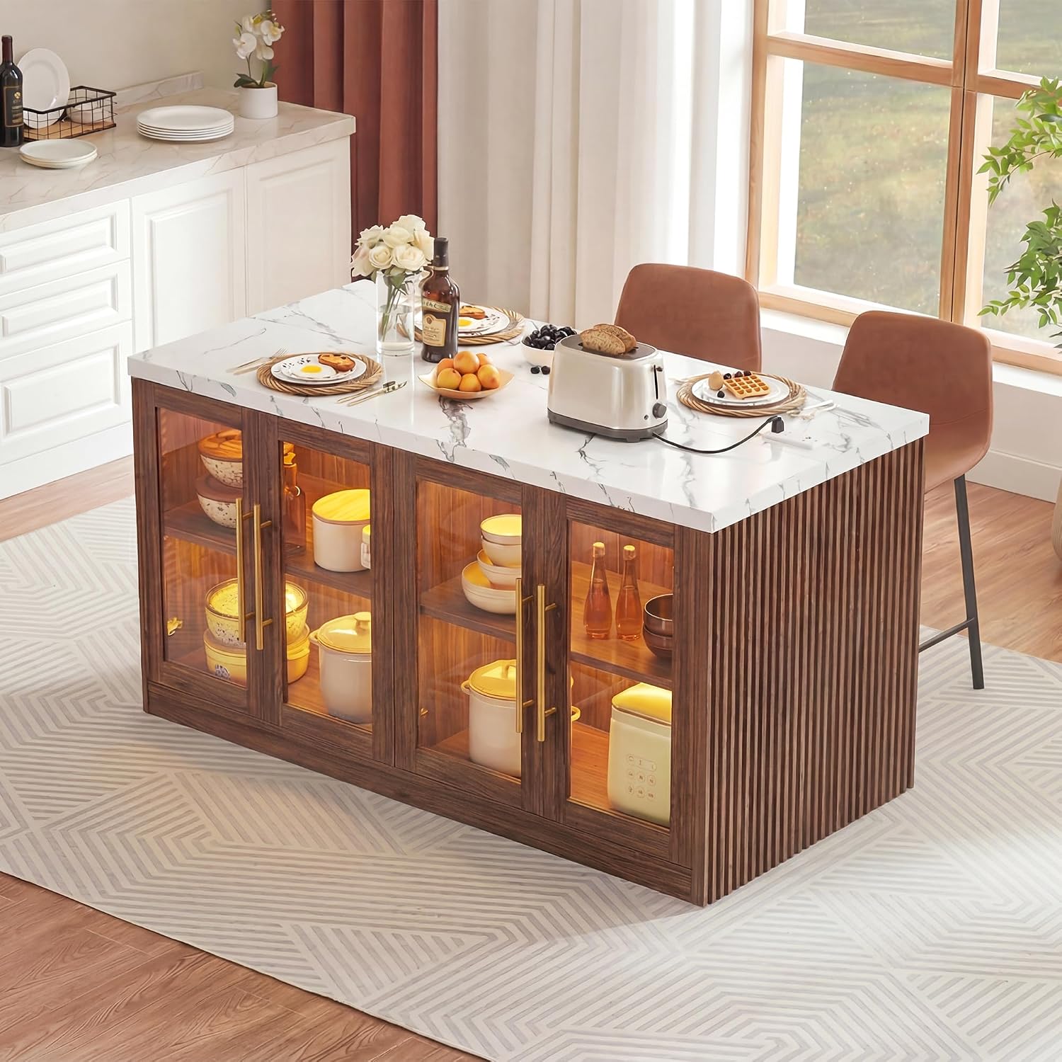 Walnut LED Marble Rolling Kitchen Island