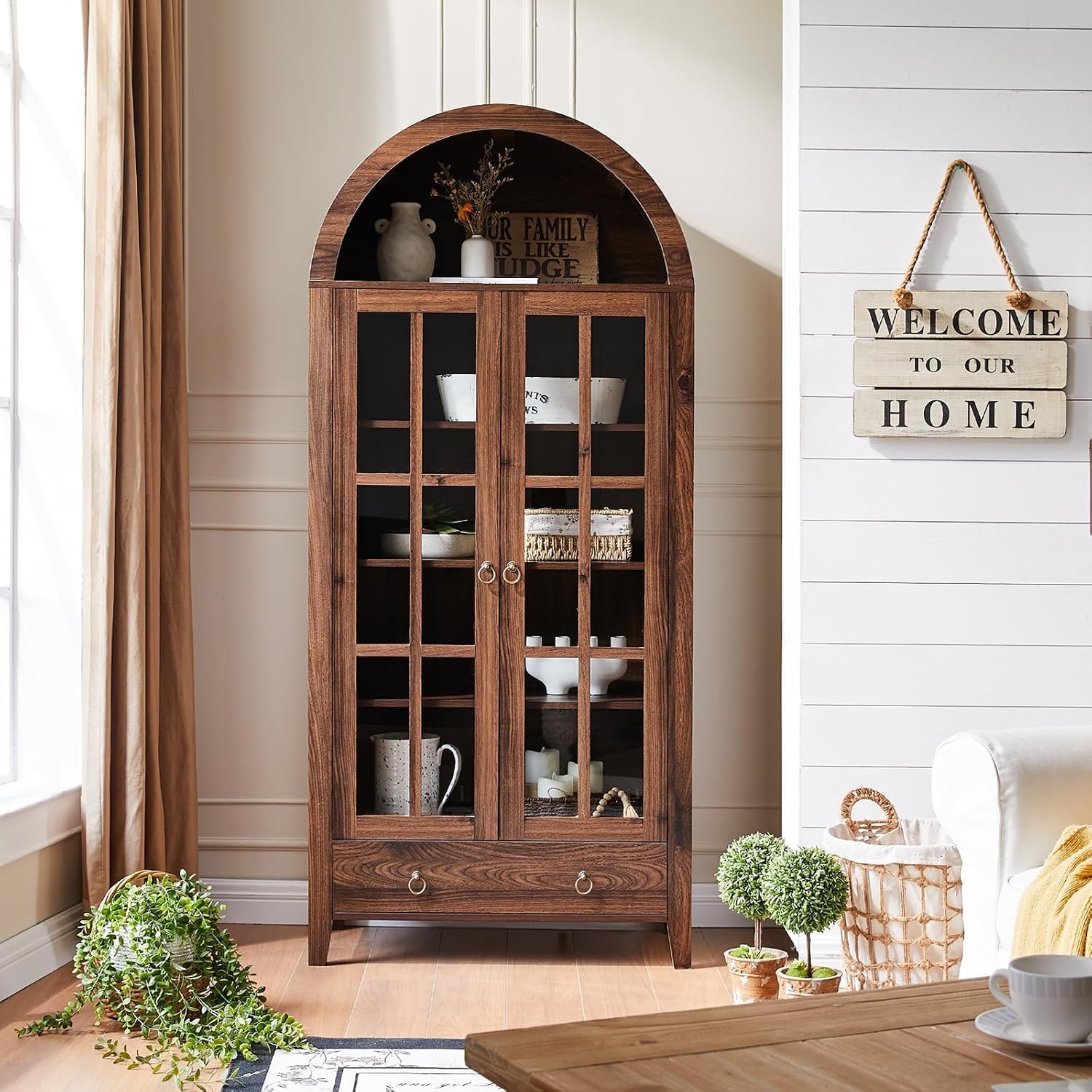 Walnut Farmhouse Arched Display Cabinet