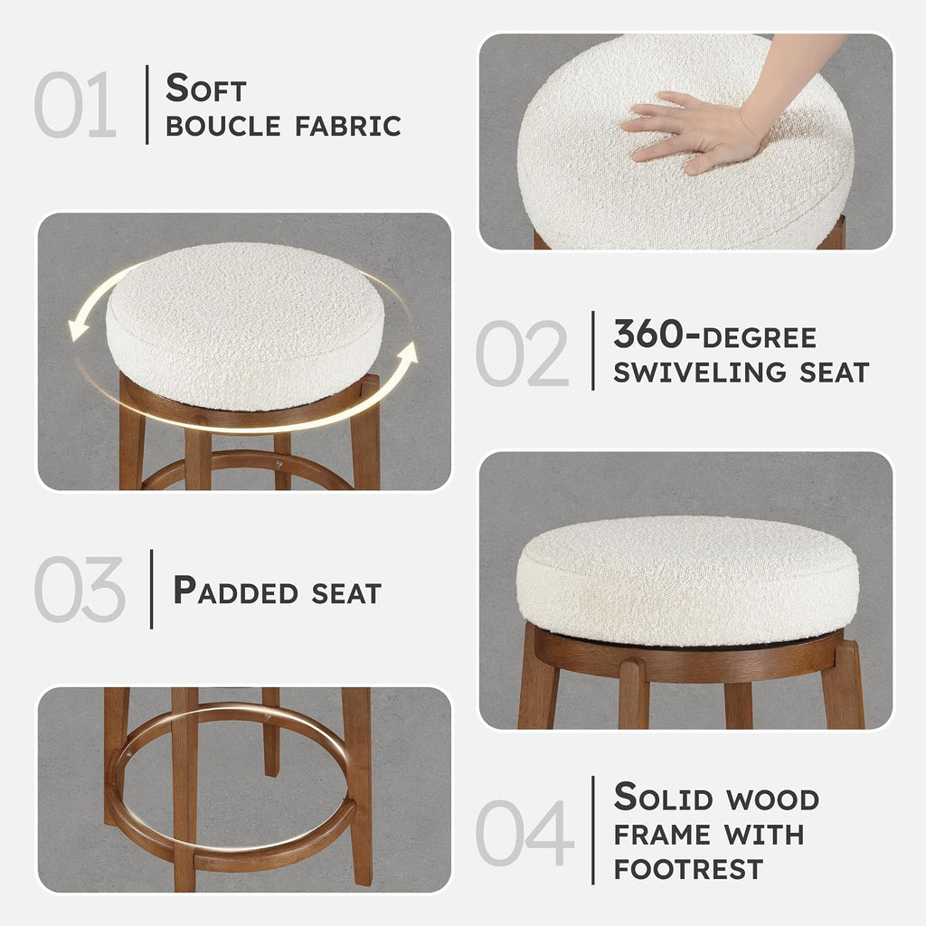 Cream Boucle Wood Swivel Counter Stool