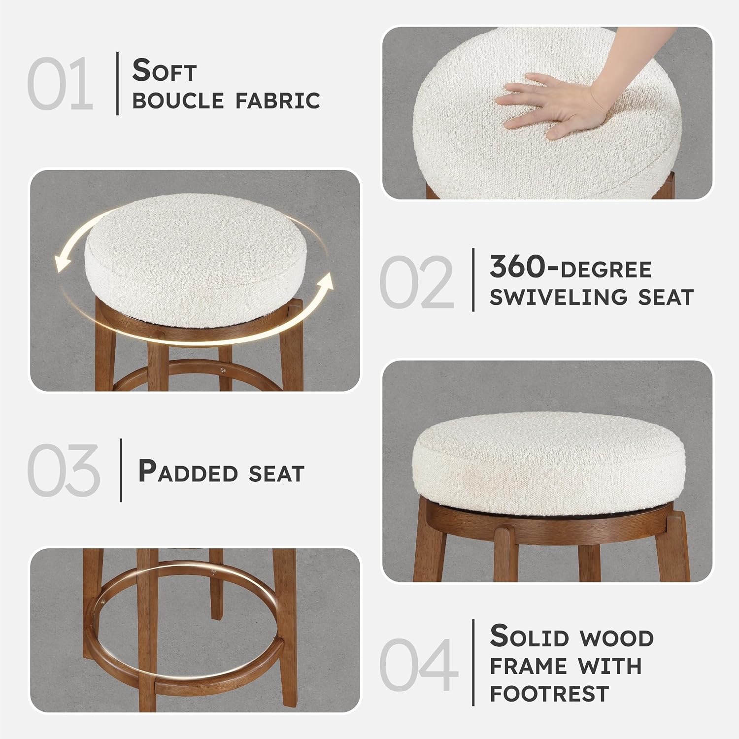 Cream Boucle Wood Swivel Counter Stool