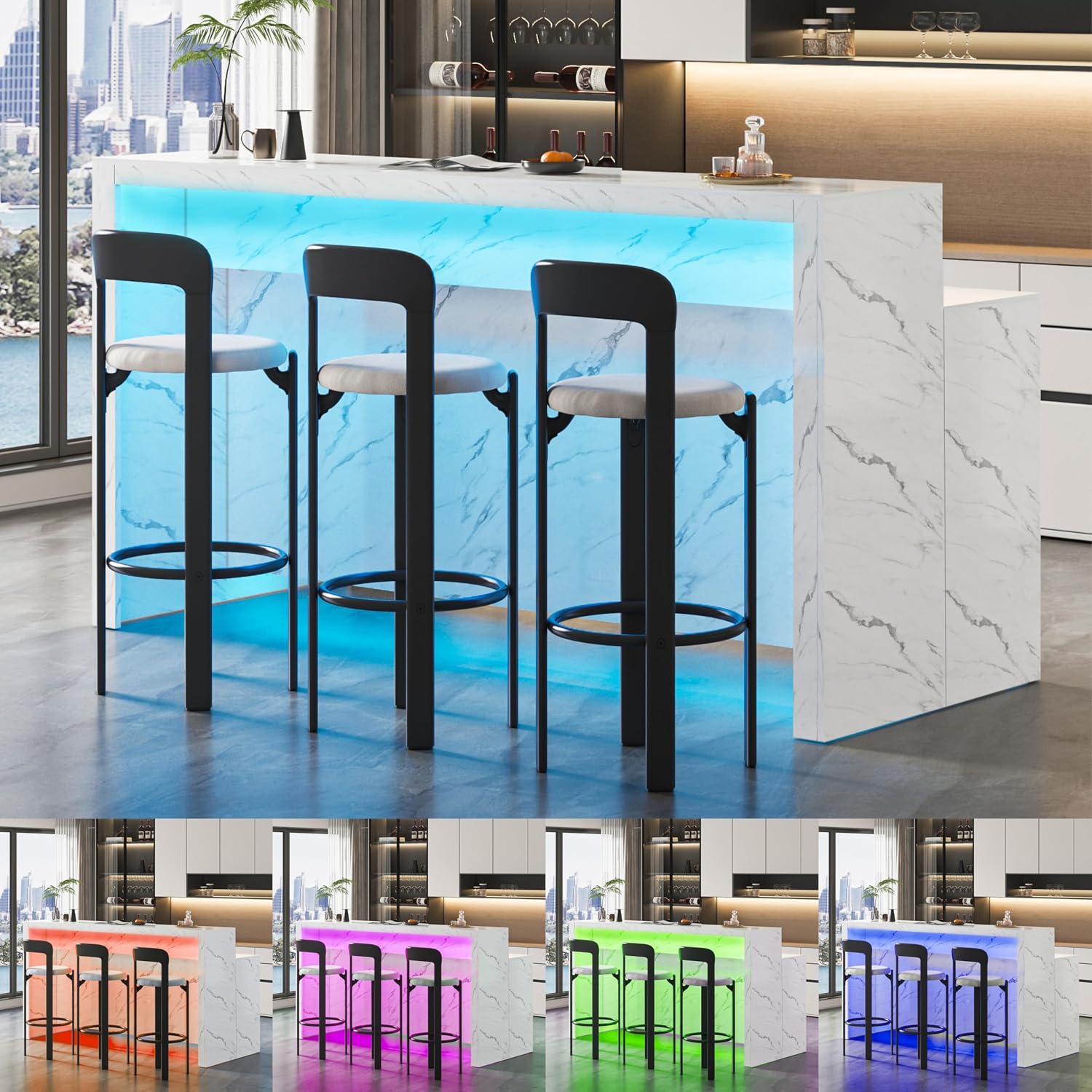 70.9" LED Faux Marble Dining Bar Table with USB Ports