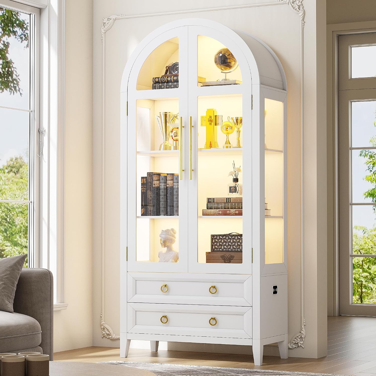 White Sensor LED Arched Display Cabinet
