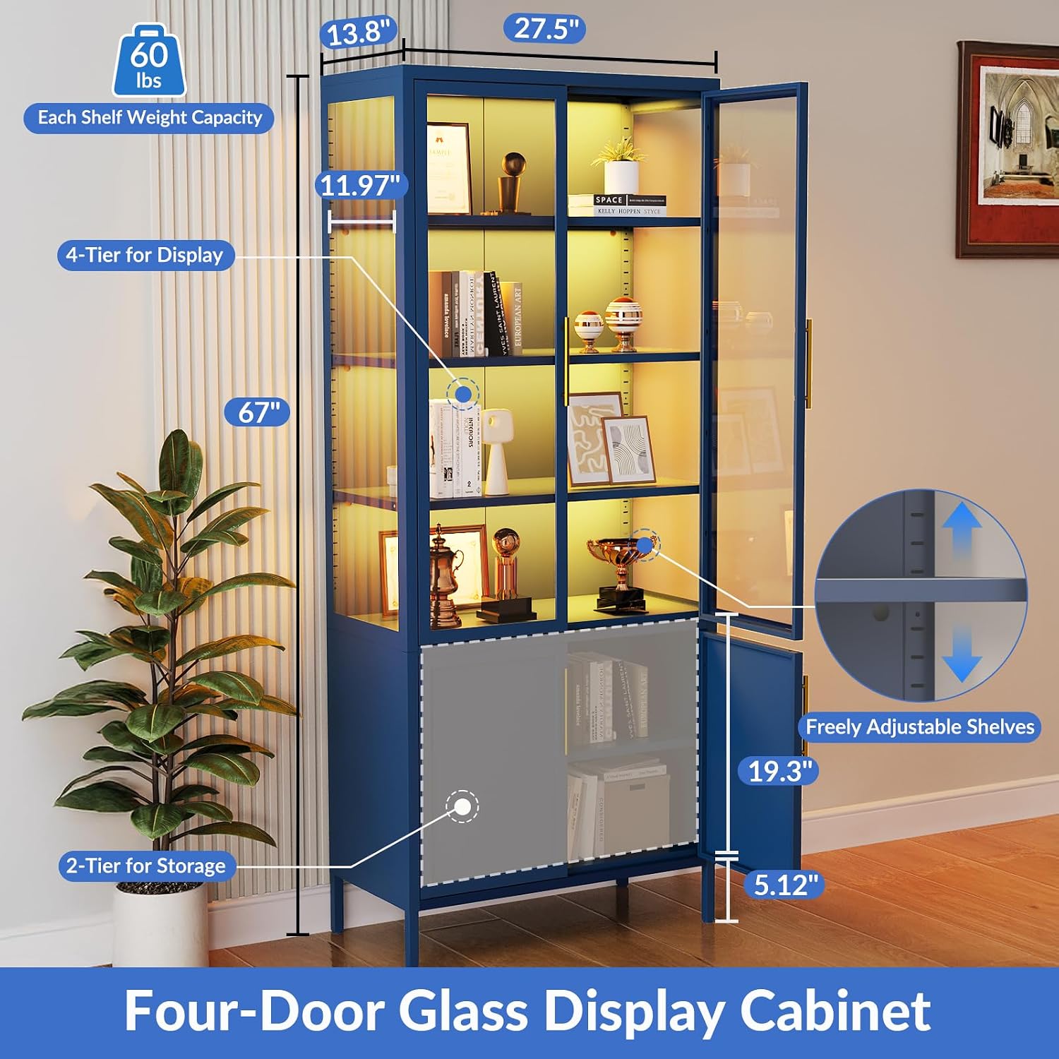 Blue Color LED Glass Display Cabinet