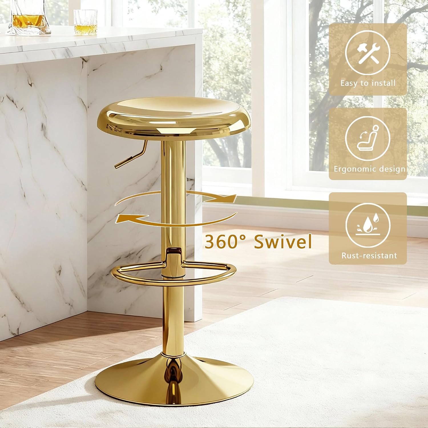 2 Gold Metal Adjustable Swivel Bar Stools