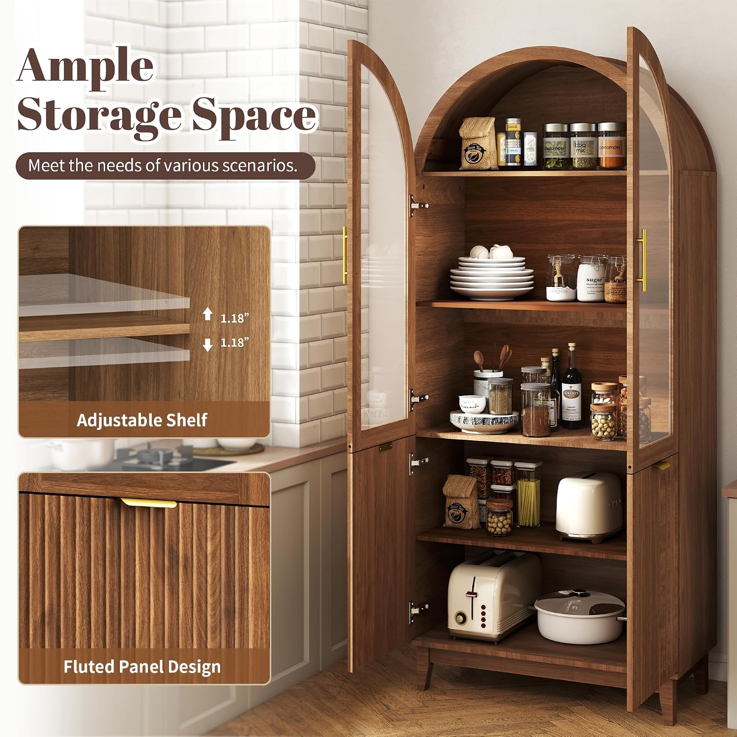 Walnut Fluted Arched Tall Cabinet