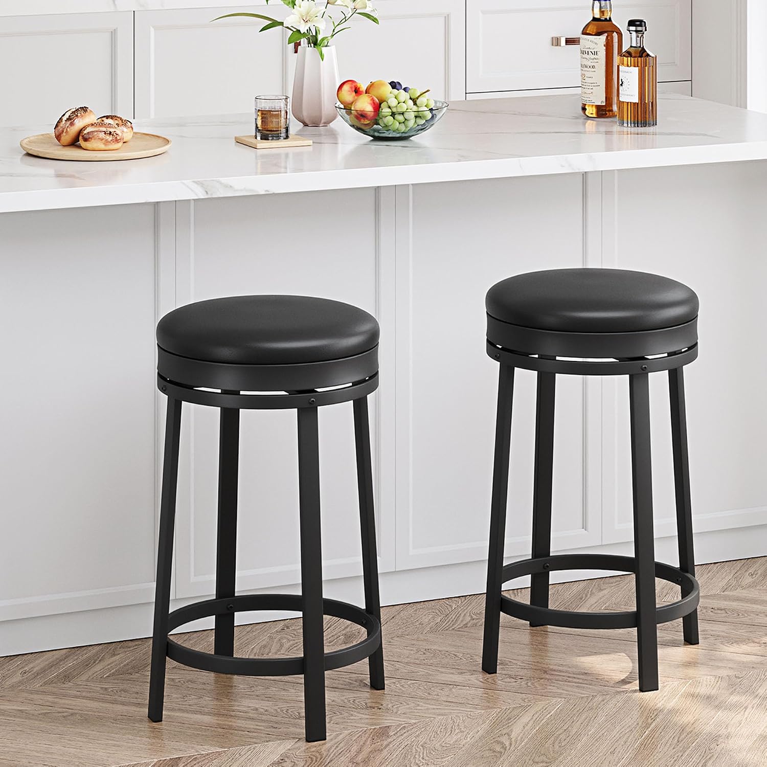 2 Black PU Leather Swivel Counter Stools