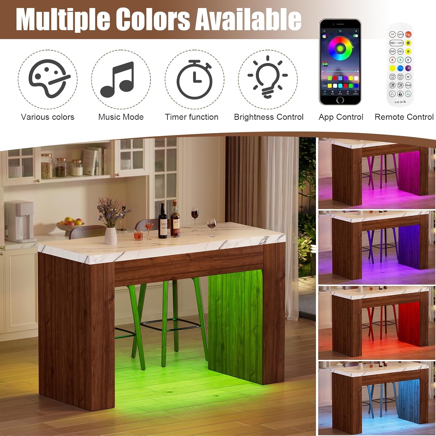 55" RGB LED Faux Marble Bar Table