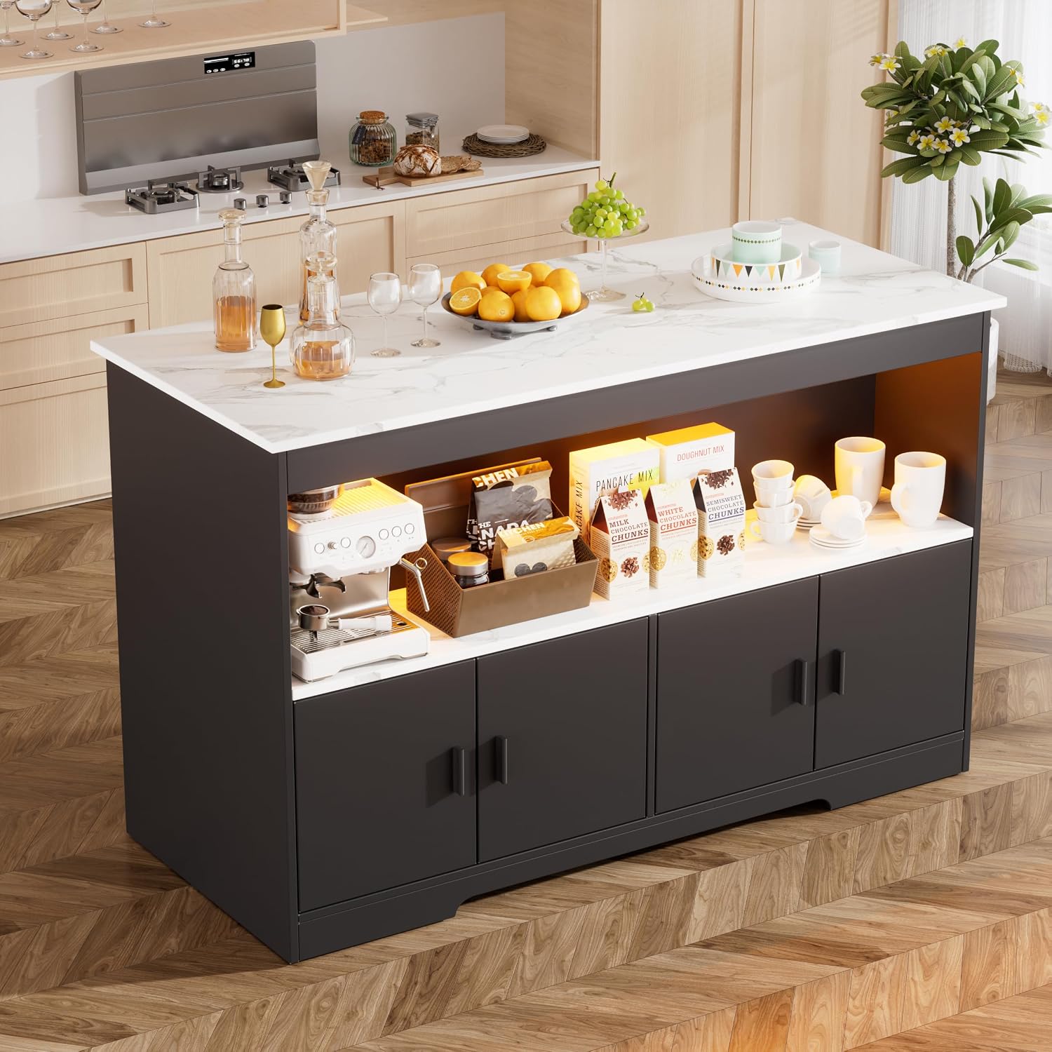 Black LED Marble Storage Kitchen Island